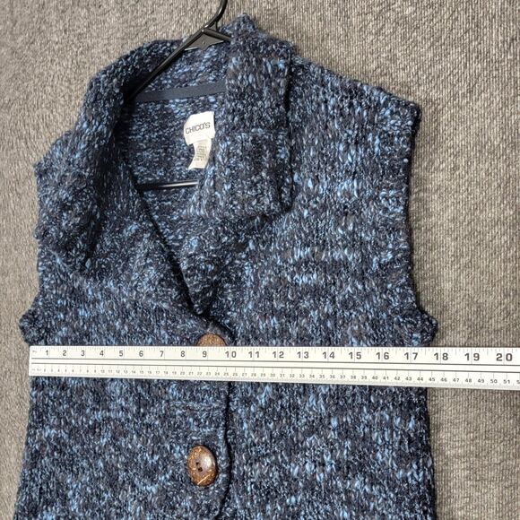 Chicos Cardigan Sweater Vest 1 Womens Medium Blue Black Wool Blend Knit Tunic - Picture 5 of 11